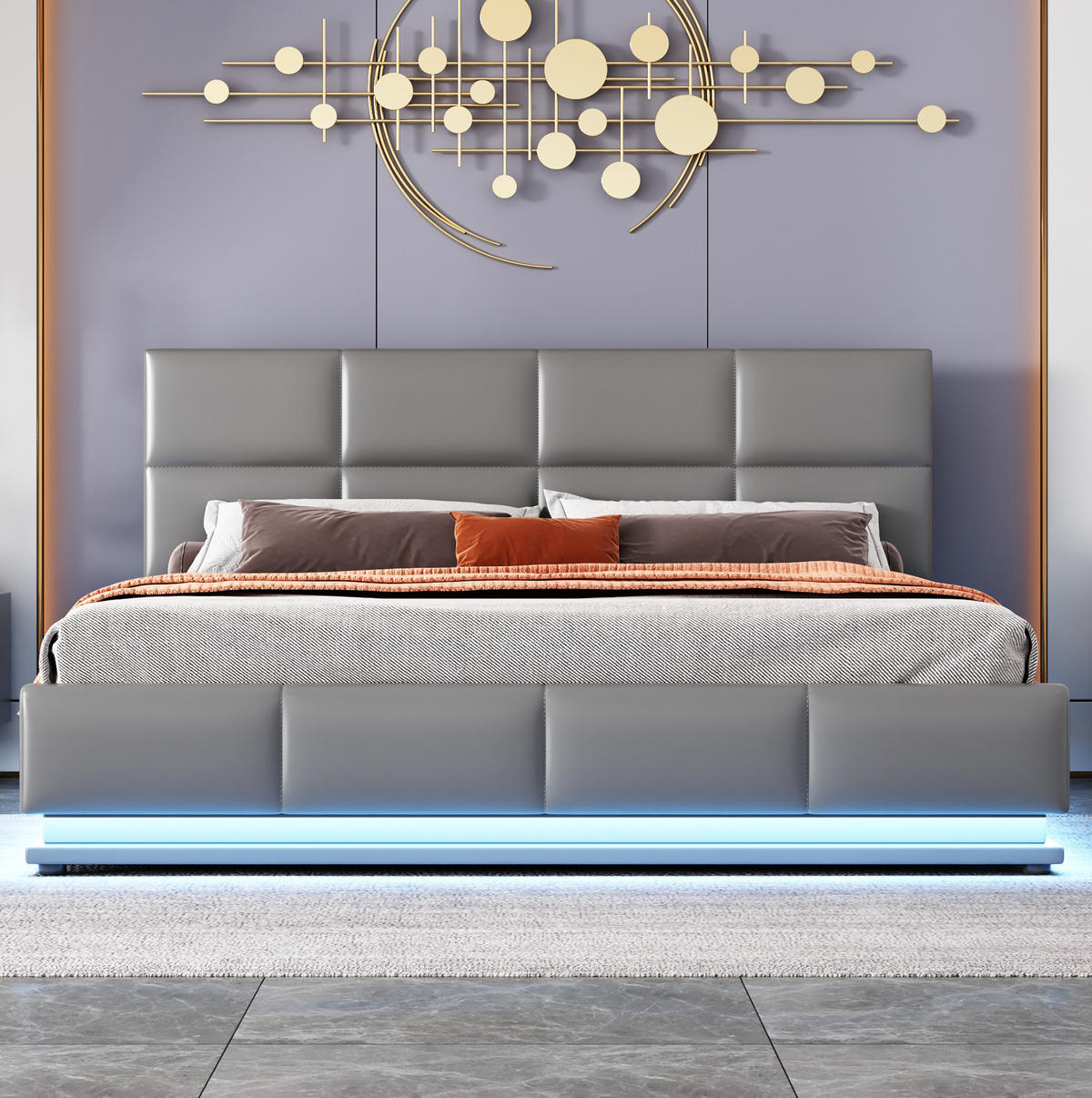 ČALÚNENÁ posteľ z umelej kože 160x200 cm sivá s LED osvetlením, hydraulickým úložným priestorom a nastaviteľným čelom - sivá, textil (160/200cm) - Modfu