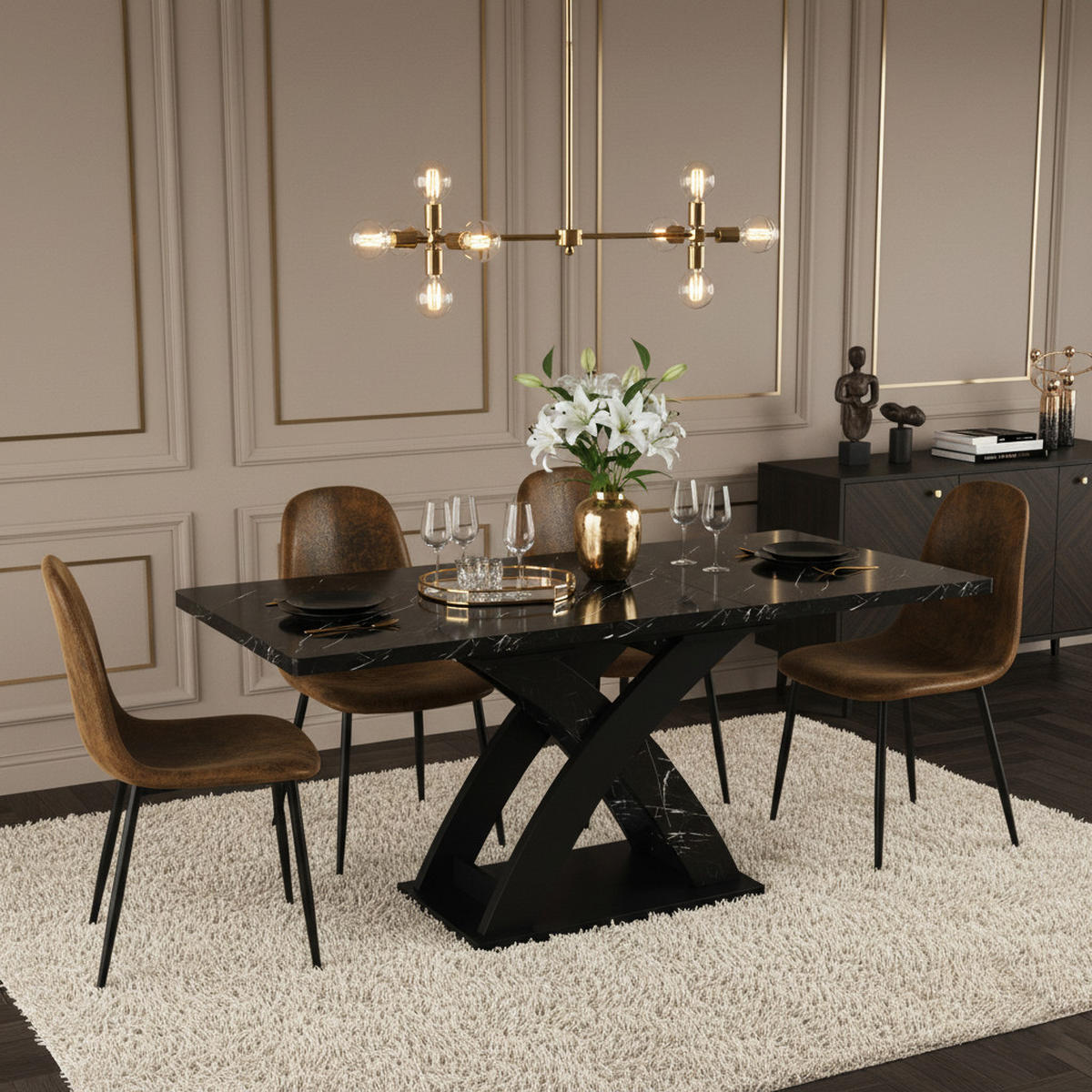 TISCHGRUPPE 5-teilig Ausziehtisch in Marmoroptik & 4 Polsterstühle im Vintage-Look - Schwarz, Holzwerkstoff/Textil (160/75/80cm) - Urban Meuble