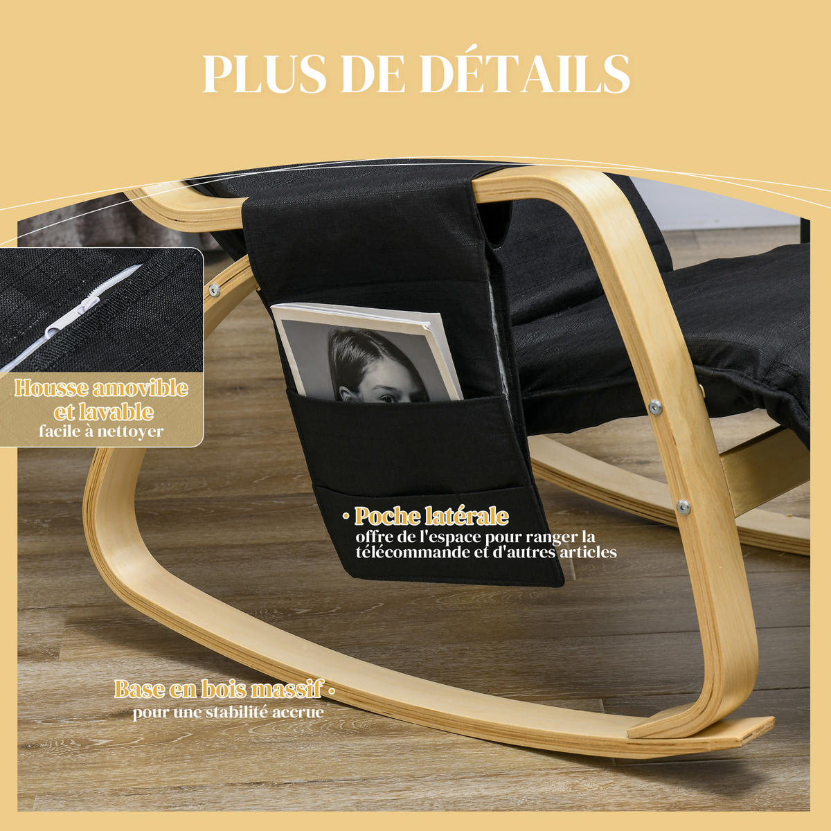 SCHAUKELSTUHL DE-17383 Schwarz - Schwarz, Holz (110/91/67cm) - ComfortXL