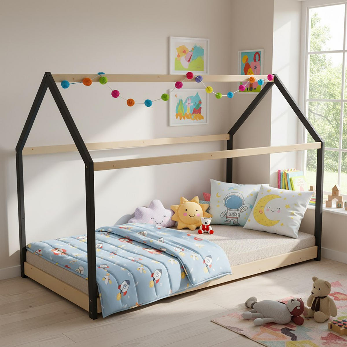 HAUSBETT PANDA mit Lattenrost / Kinderbett 90x190 cm - Naturholz und Schwarz - Multicolor, Holz (90/190cm) - Weber Industries
