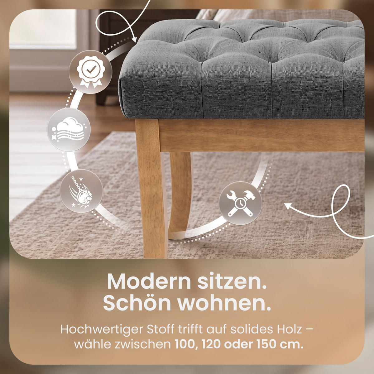 SITZBANK 100/38 cm Stoff grau - Naturfarben/Grau, Holz/Textil (100/46/38cm) - CLP