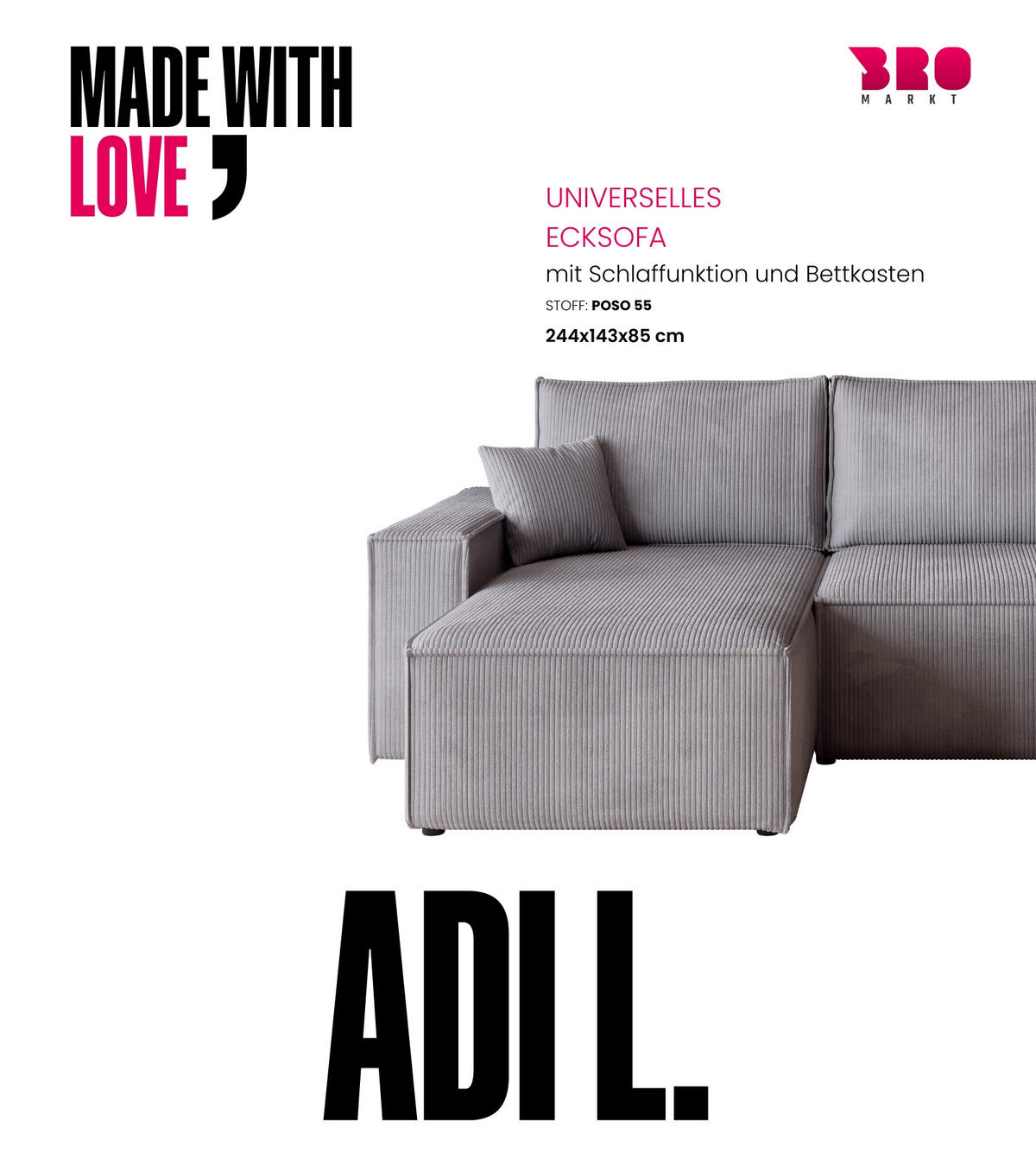ECKSOFA ADI mit Schlaffunktion Hellgrau Cord - Hellgrau, Textil (244/143cm) - Bromarkt