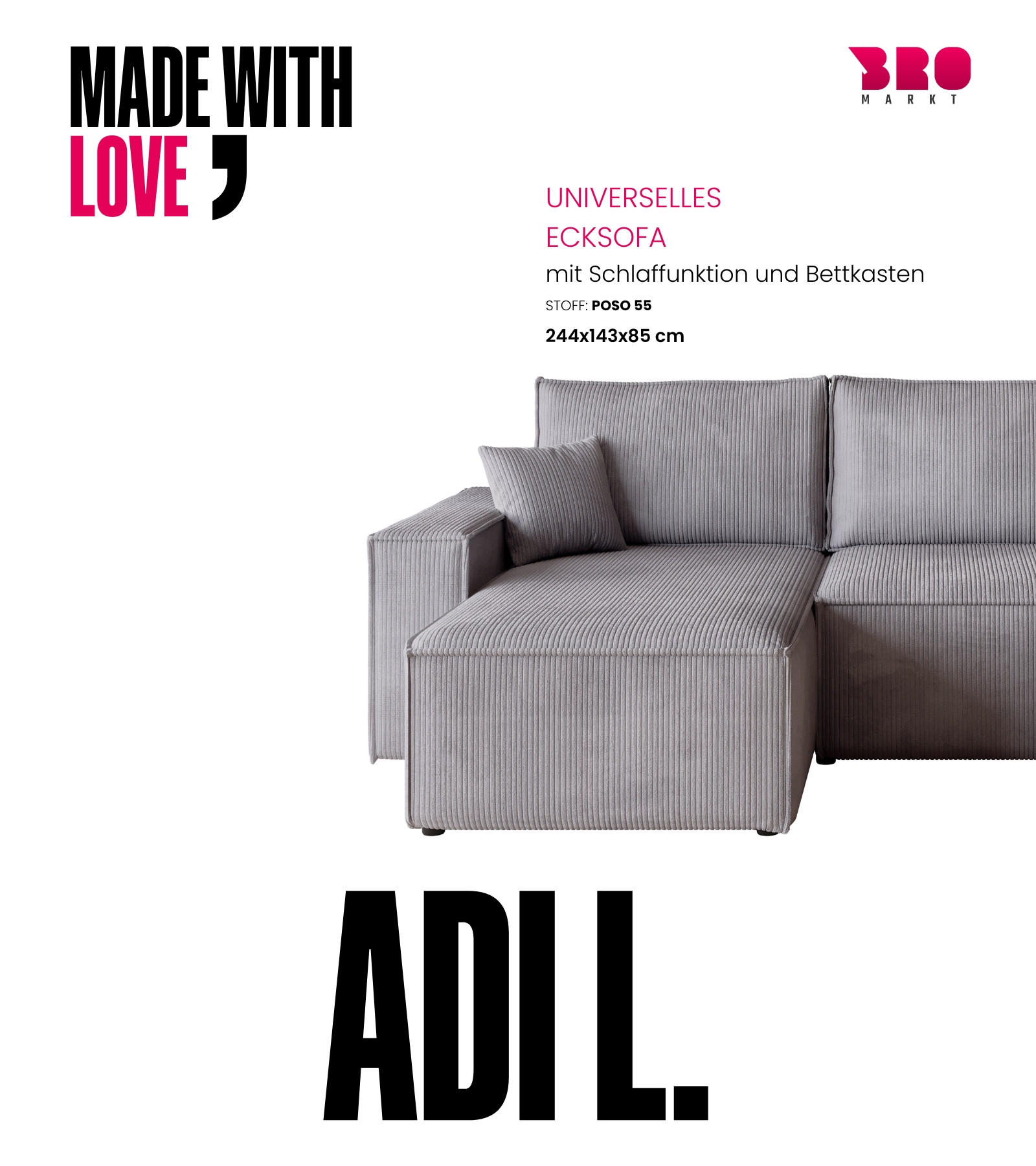 Thumbnail - Bromarkt Ecksofa, Hellgrau, Textil, 3-Sitzer, L-Form, 244x143 cm, Wohnzimmer, Sofas & Couches, Wohnlandschaften, Ecksofa...