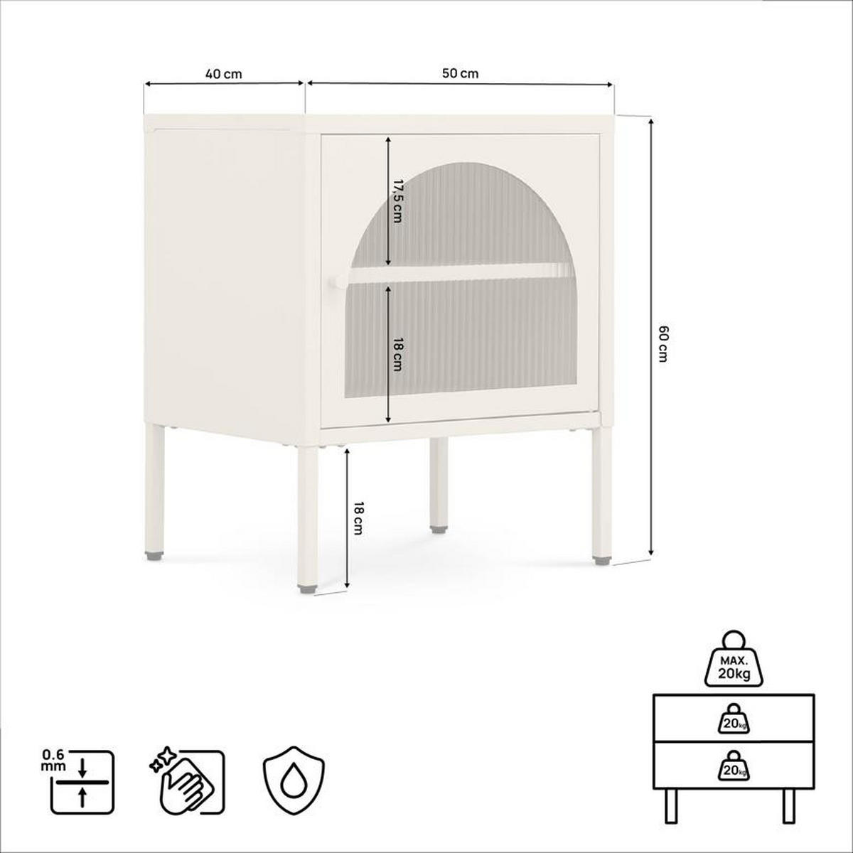 NACHTTISCHE 2er-Set Industrial-Design aus Metall mit 1 Tür aus geriffeltem Glas, Beige - ELIN - Beige, Metall (50/60/40cm) - Sicaan