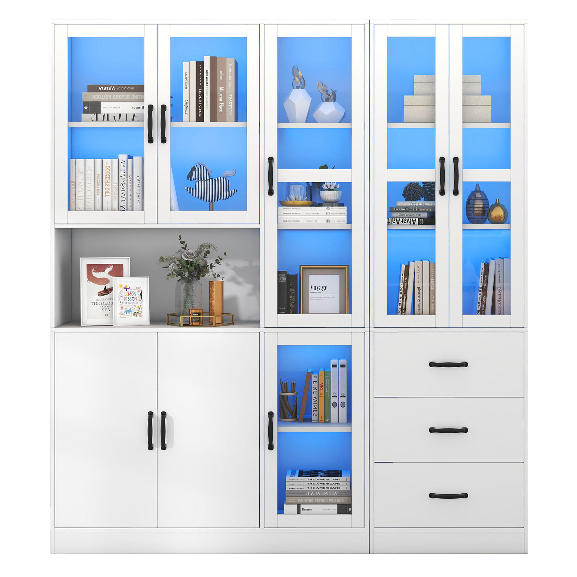 VITRINENSCHRANK 180/40/200 cm weiß aus Spanplatte mit LED und 8 Türen - Weiß, Holzwerkstoff (180/200/40cm) - OKWISH