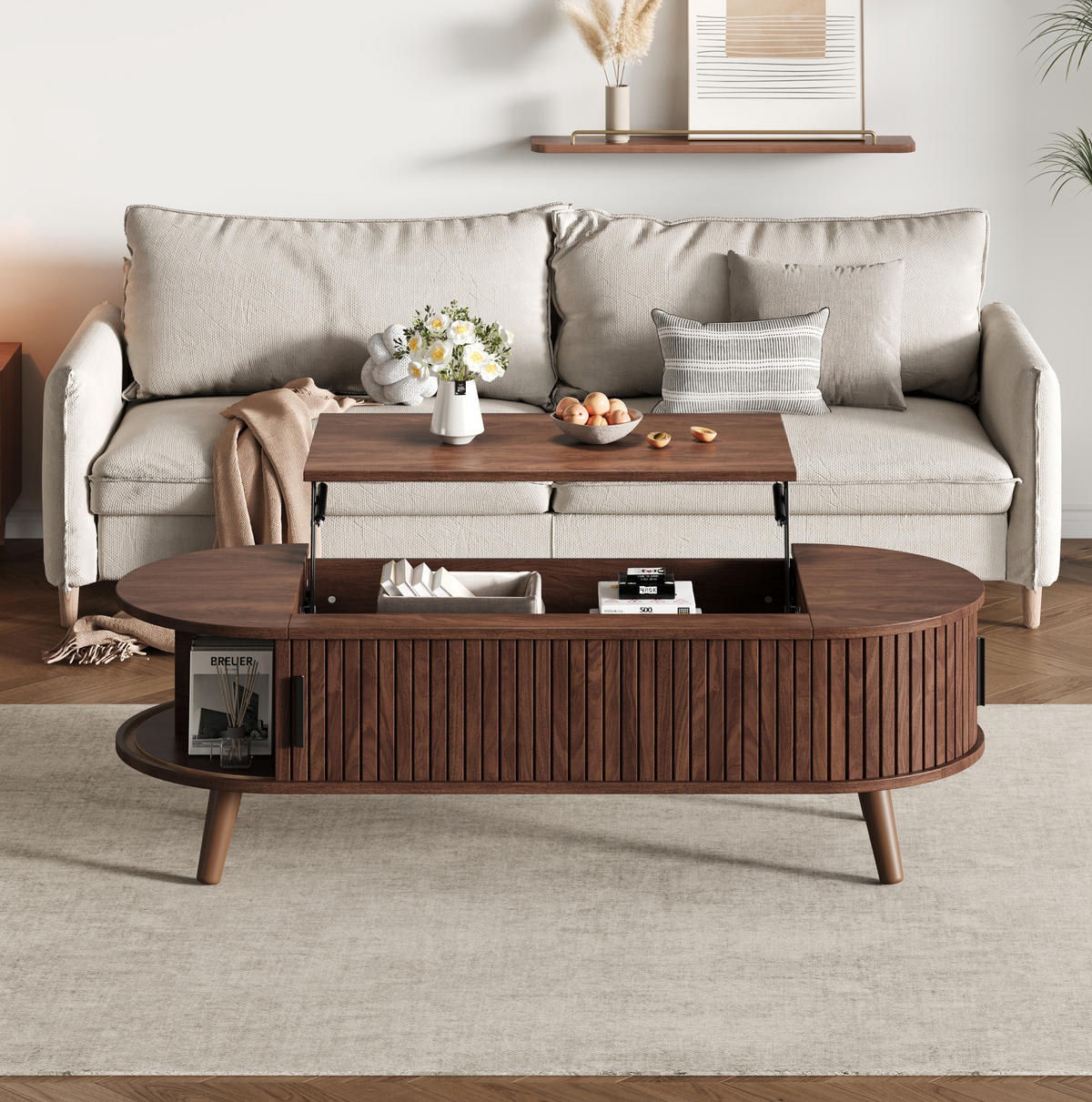 KONFERENČNÍ stolek 120/50/39,5 cm ořechový z MDF s nastavitelnou deskou a skrytým úložným prostorem - ořechová, kompozitní dřevo (120/50/39.5cm) - OKWISH
