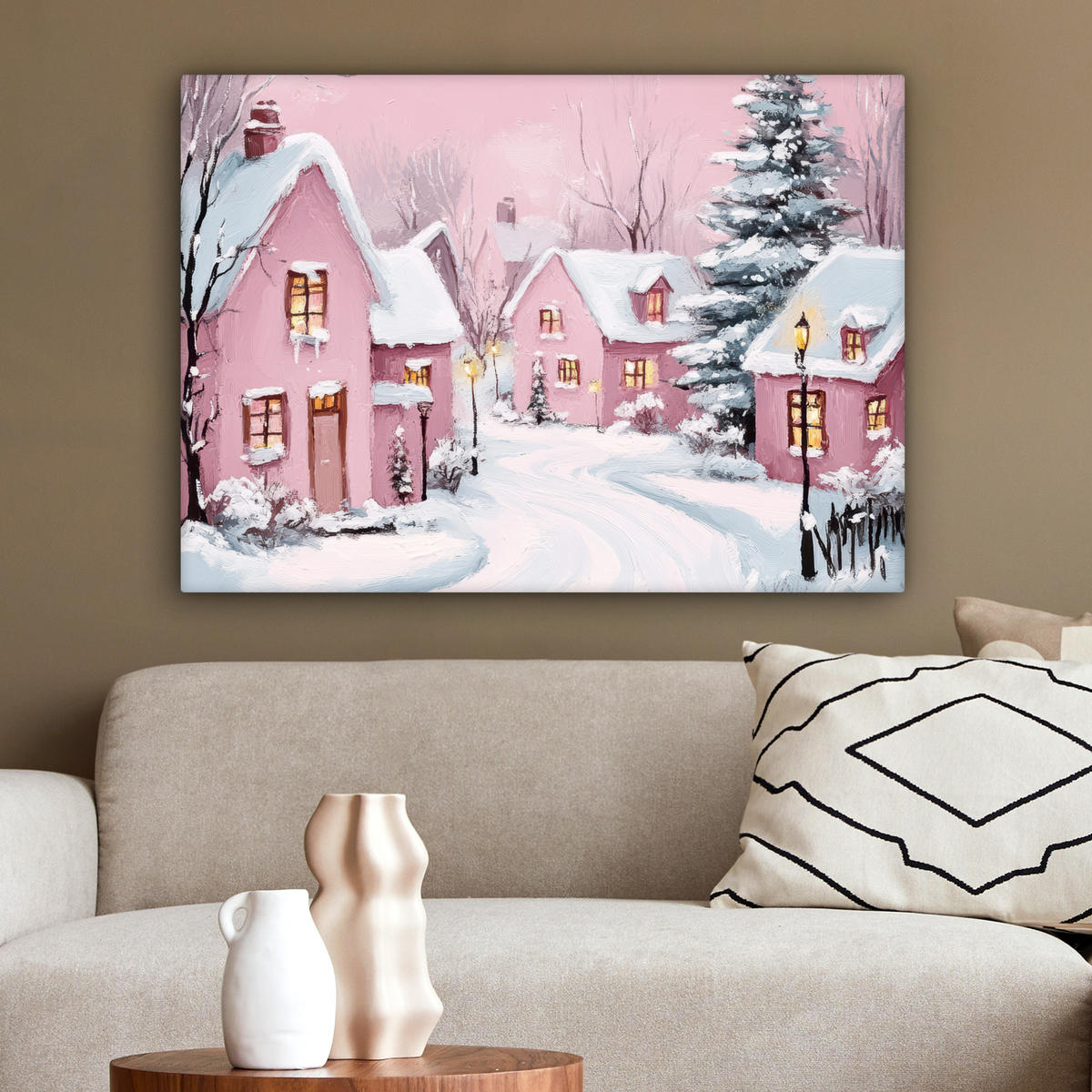 LEINWANDBILD Weihnachtsdorf - Rosa - Winter - Schnee - Häuser Wandbilder 80x60 cm - Altrosa, Textil (80/60cm) - MuchoWow