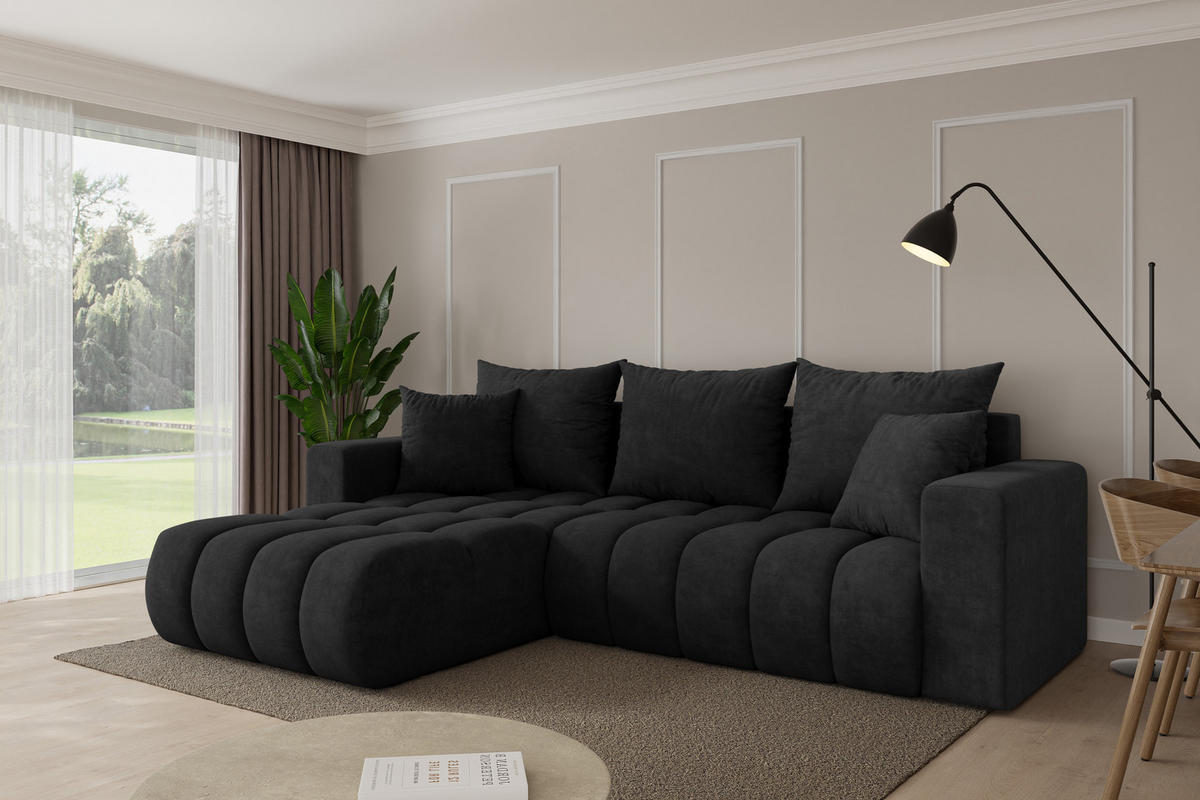 ROHOVÁ SEDAČKA s funkcí spaní, otoman vlevo MILA-L-v1 277x195x86 černá velur - černá, kompozitní dřevo/textil (277/194cm) - ALTDECOR