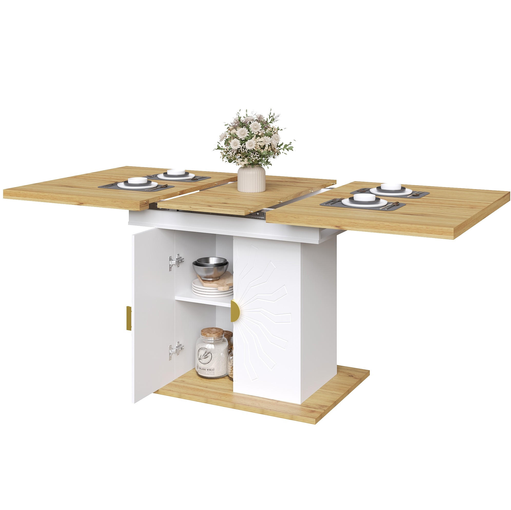 ESSTISCH aus MDF 110(140)x70x76 cm Weiß mit Ausziehfunktion und 2 Ablageböden - Weiß, Holzwerkstoff (110/70/76.5cm) - Modfu