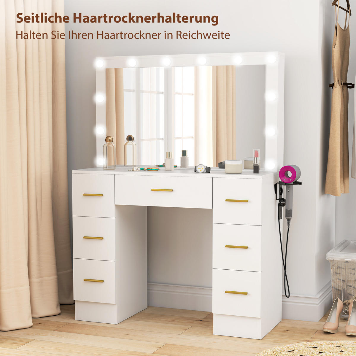 SCHMINKTISCH mit LED-Leuchten, Kosmetiktisch mit Spiegel, 7 Schubladen, Weiß - Goldfarben/Weiß, Holzwerkstoff/Metall (40/137/100cm) - HOMCOM