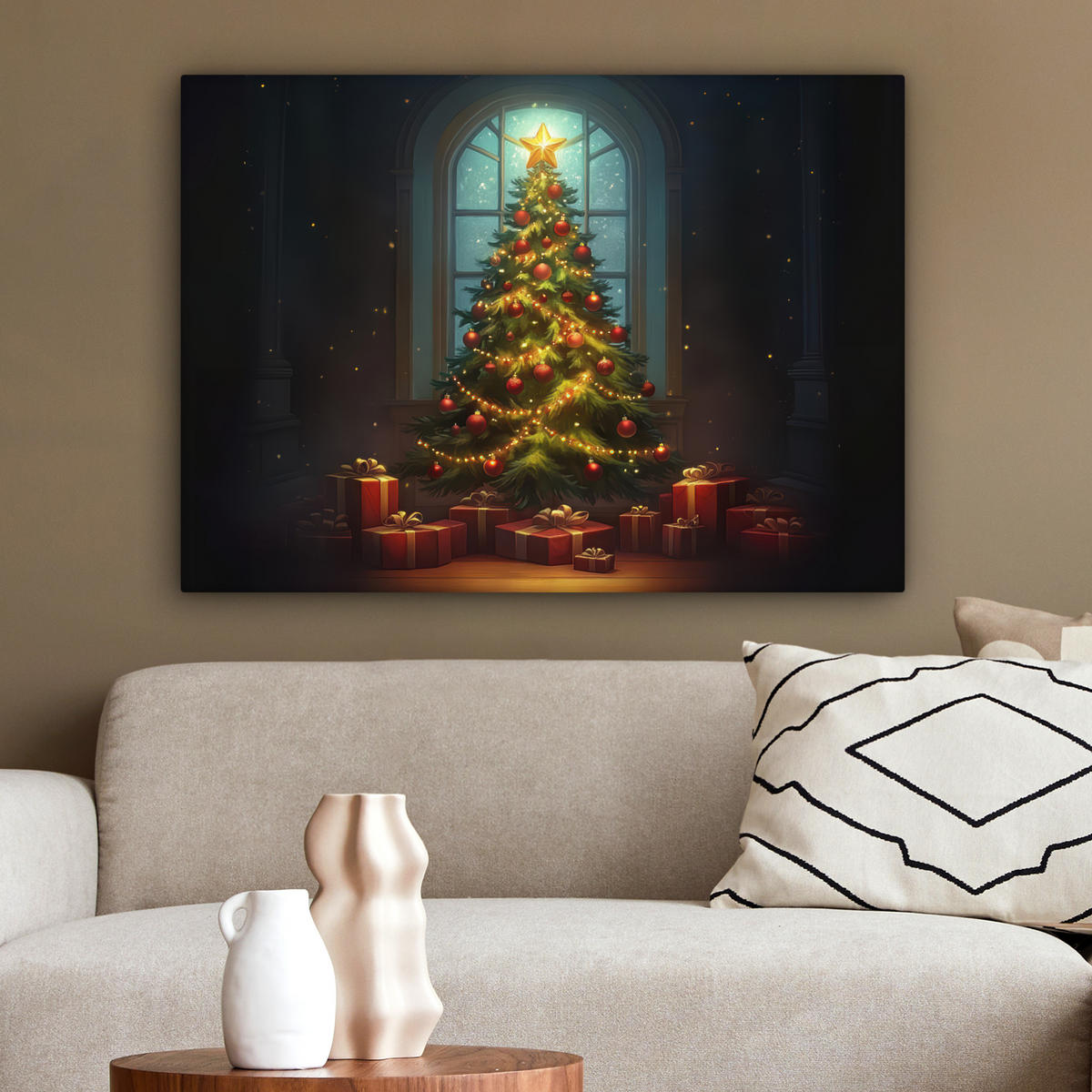 LEINWANDBILD Weihnachtsbaum - Geschenk - Winter Wandbilder 80x60 cm - Grün, Textil (80/60cm) - MuchoWow