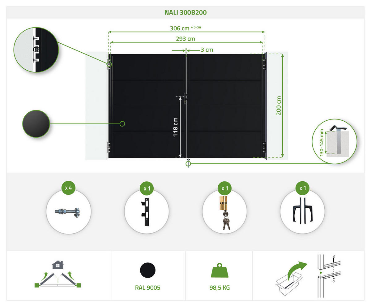 STAHLFLÜGELTOR Nali Mattschwarz 3m H.200cm - Schwarz, Metall (293/200cm) - Casanoov