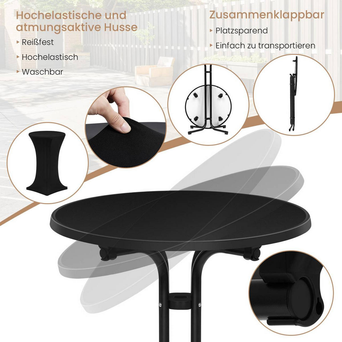 GARTENTISCH klappbar, mit Husse, Ø 80cm, Schwarz - Schwarz, Holzwerkstoff/Metall (80/80/110cm) - Woltu