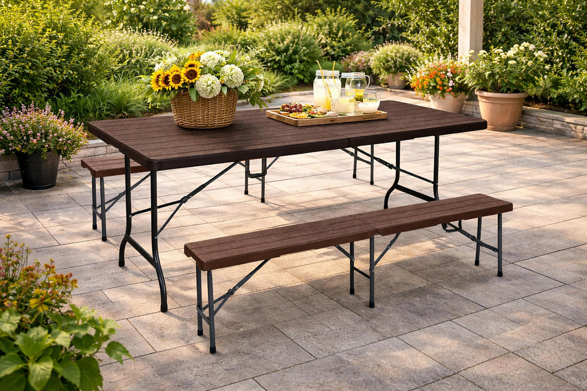 BIERZELTGARNITUR Rita 3-teilig Tisch & 2x Bank Braun - Braun, Kunststoff - DELUKE