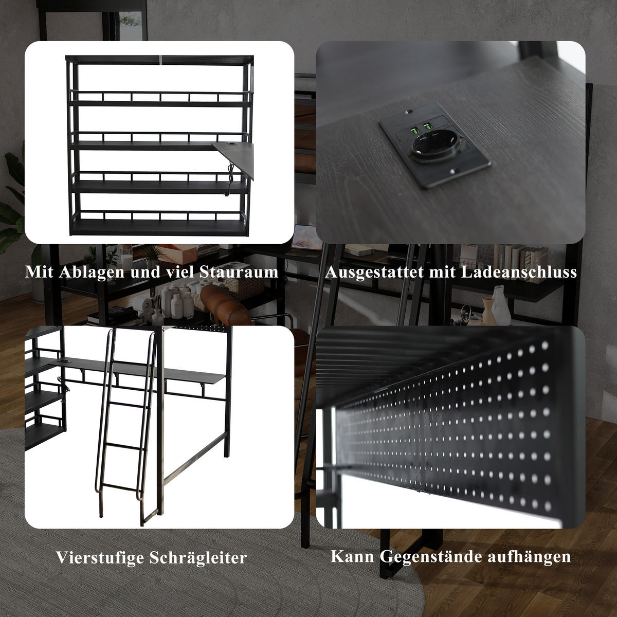 HOCHBETT 140/200 cm schwarz aus Eisen und Spanplatte mit Ablagen und Ladeanschluss - Schwarz, Metall (140/200cm) - OKWISH