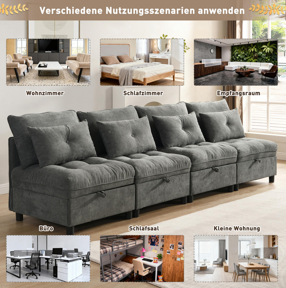 4-SITZER Sofa 274/76/87 cm Antique Gray aus Foam mit Schlaffunktion - Dunkelgrau, Kunststoff (76/87/274cm) - OKMYHOME