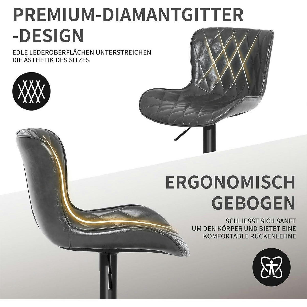 BARHOCKER 3er-Set dunkelgrau Leder mit Lehne und Fußstütze - Anthrazit, Leder (41/104/52cm)