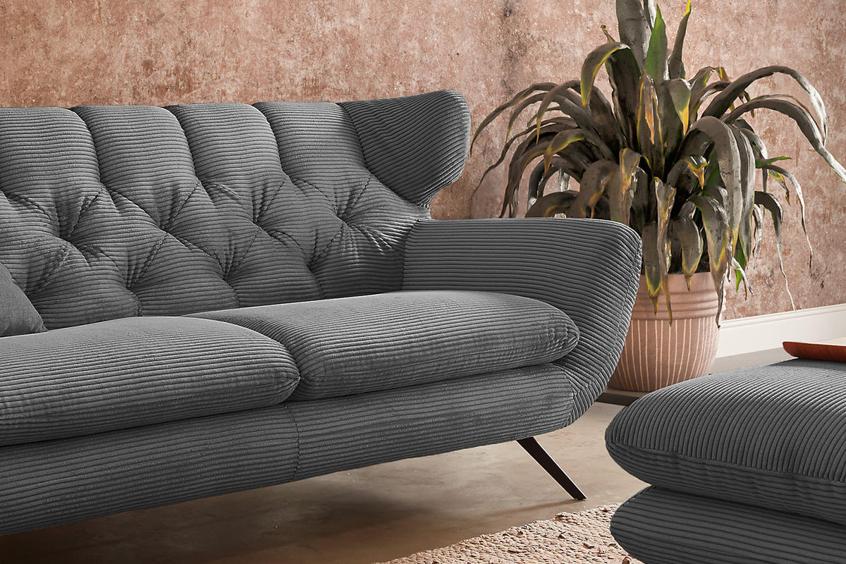 SOFA CHARME Grau Cord - Graphitfarben/Schwarz, Textil/Metall (200/94/95cm) - KAWOLA