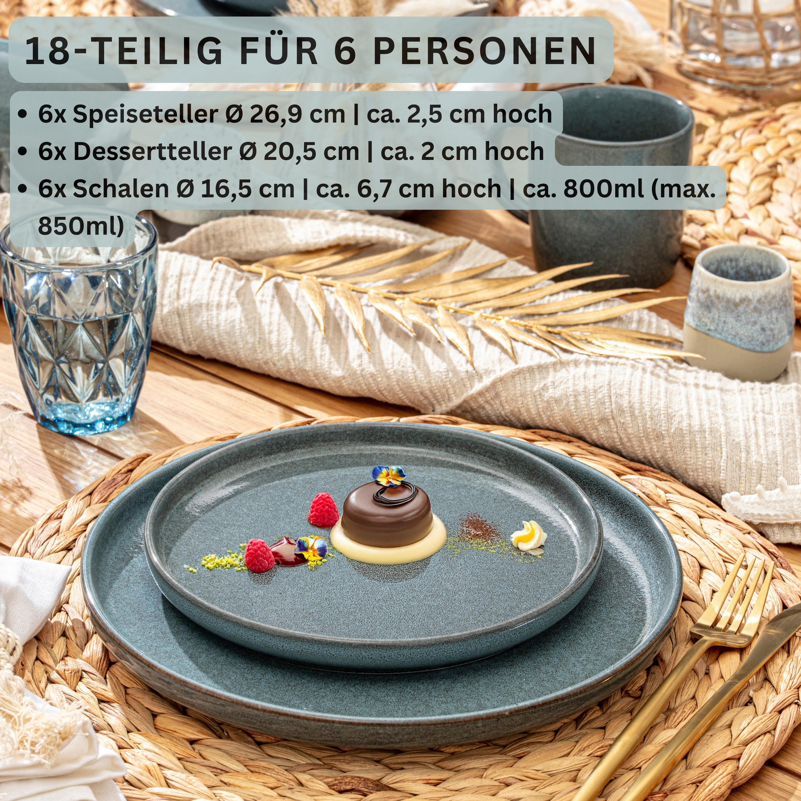 TAFELSERVICE KAIRO OCEAN - 18 teilig aus Steingut - Blau, Stein (27/6.7/27cm) - Sänger