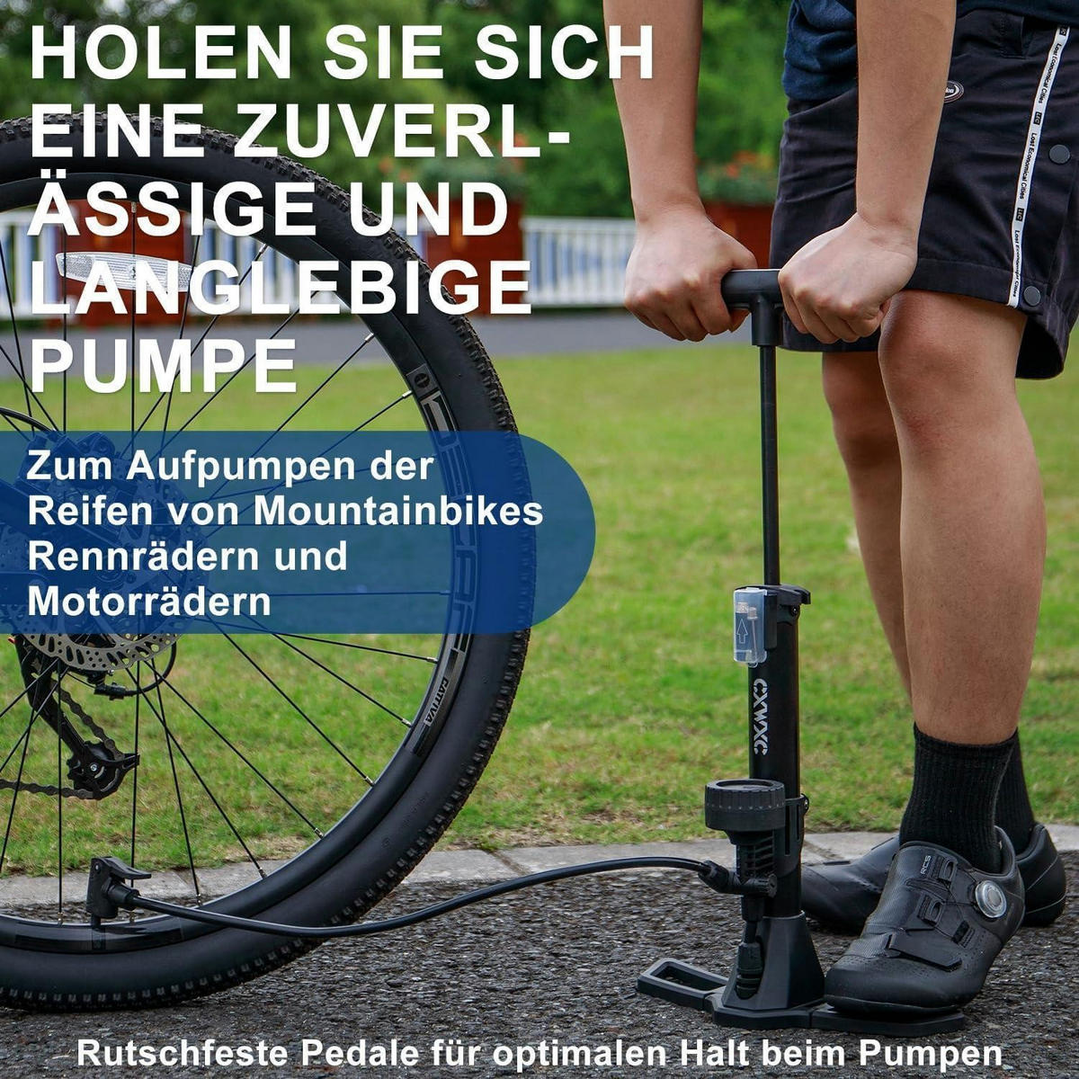 FAHRRADPUMPE mit Manometer für alle Ventile - Schwarz, Metall (8.2/44/21cm)