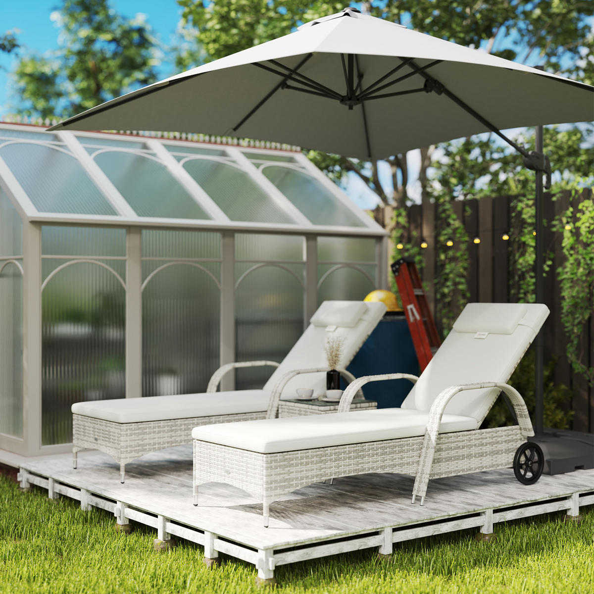 SONNENLIEGE-SET DE-13617 2 Stück mit Tisch & Rollen Creme - Creme, Kunststoff/Metall (73/103/200cm) - ComfortXL