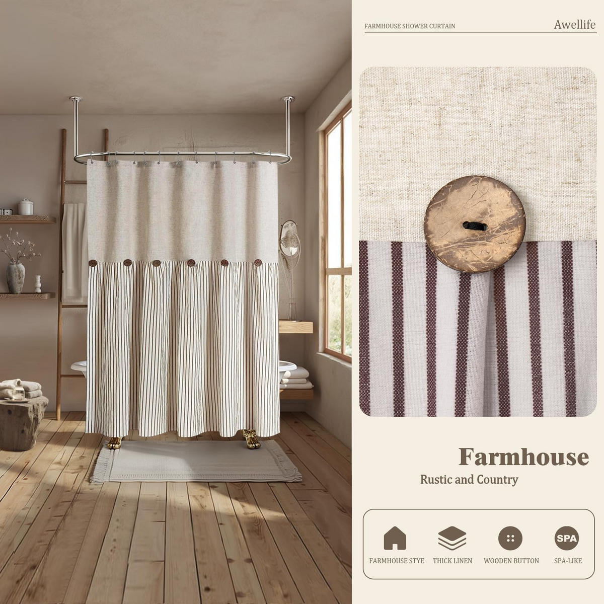 DUSCHVORHANG Braun Landhaus Stil Baumwolle Leinen Polyester - Braun, Textil (183/183cm) - MCBOSON