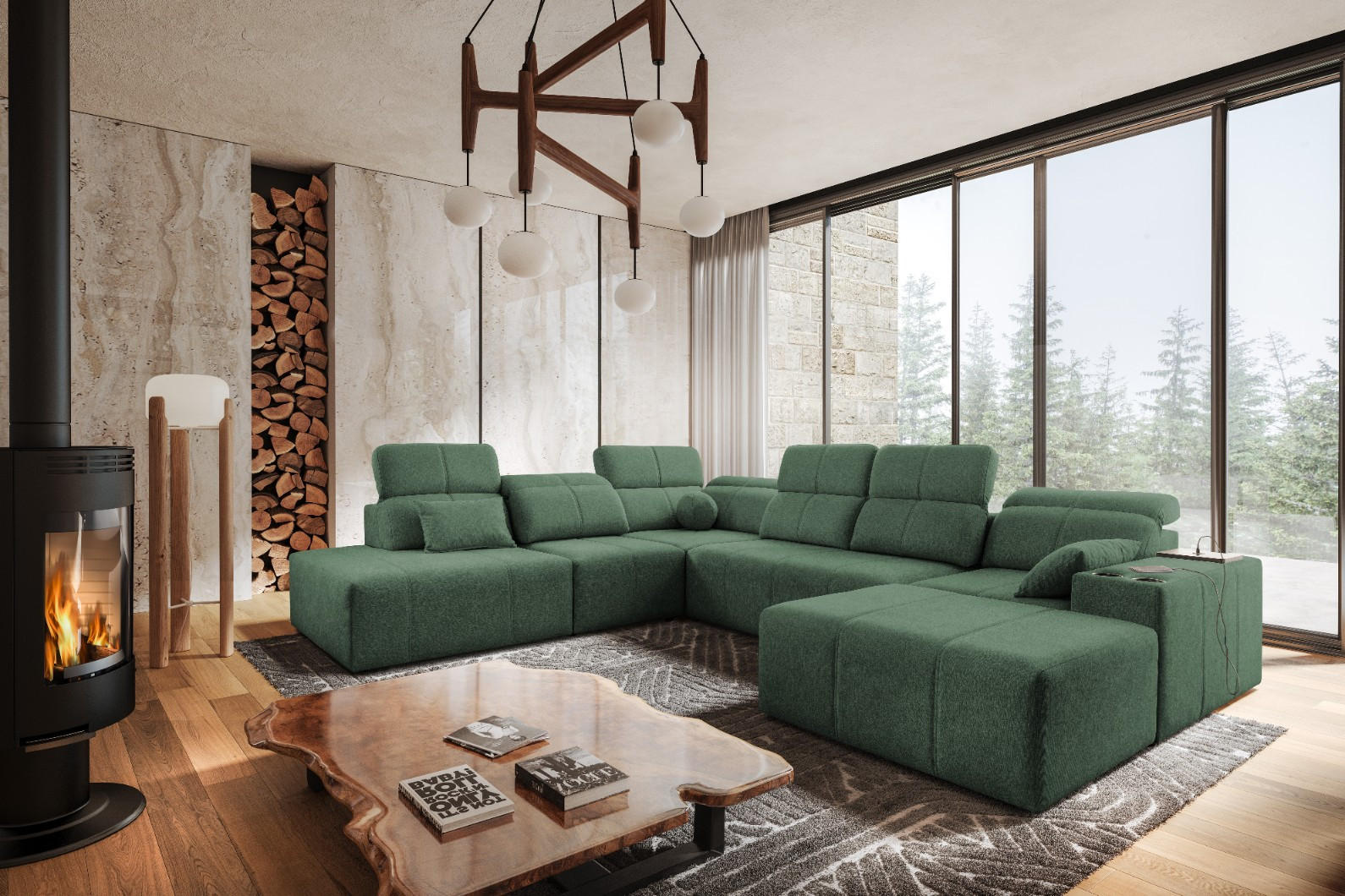 ECKSOFA Multifunktional Mindy X Stoff Verita Grün Rechts - Grün, Holz (359/300cm) - Kaiser Möbel