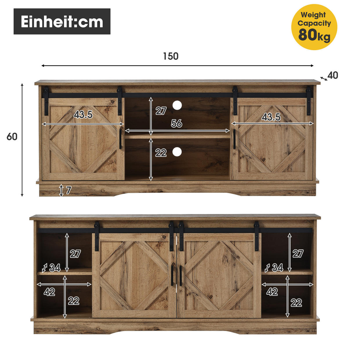 TV-SCHRANK in Braun mit Schiebetüren und höhenverstellbaren Regalen 150/40/60 cm - Braun, Holzwerkstoff (150/60/40cm) - Redom