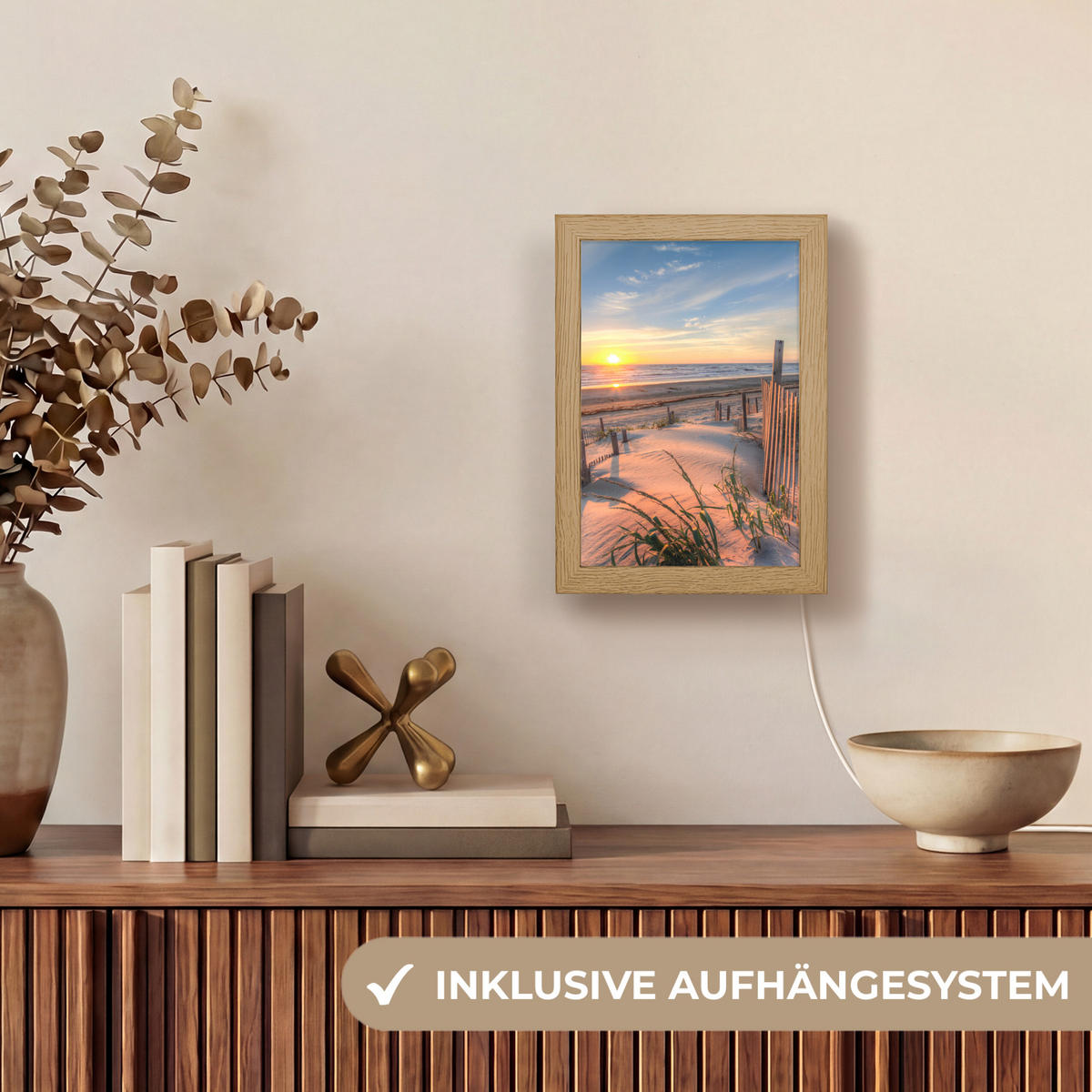 TISCHLEUCHTE Strand - Meer - Düne - Sonnenuntergang - Landschaft 15x20 cm - Creme, Holzwerkstoff (8/15/20cm) - OnlyWow