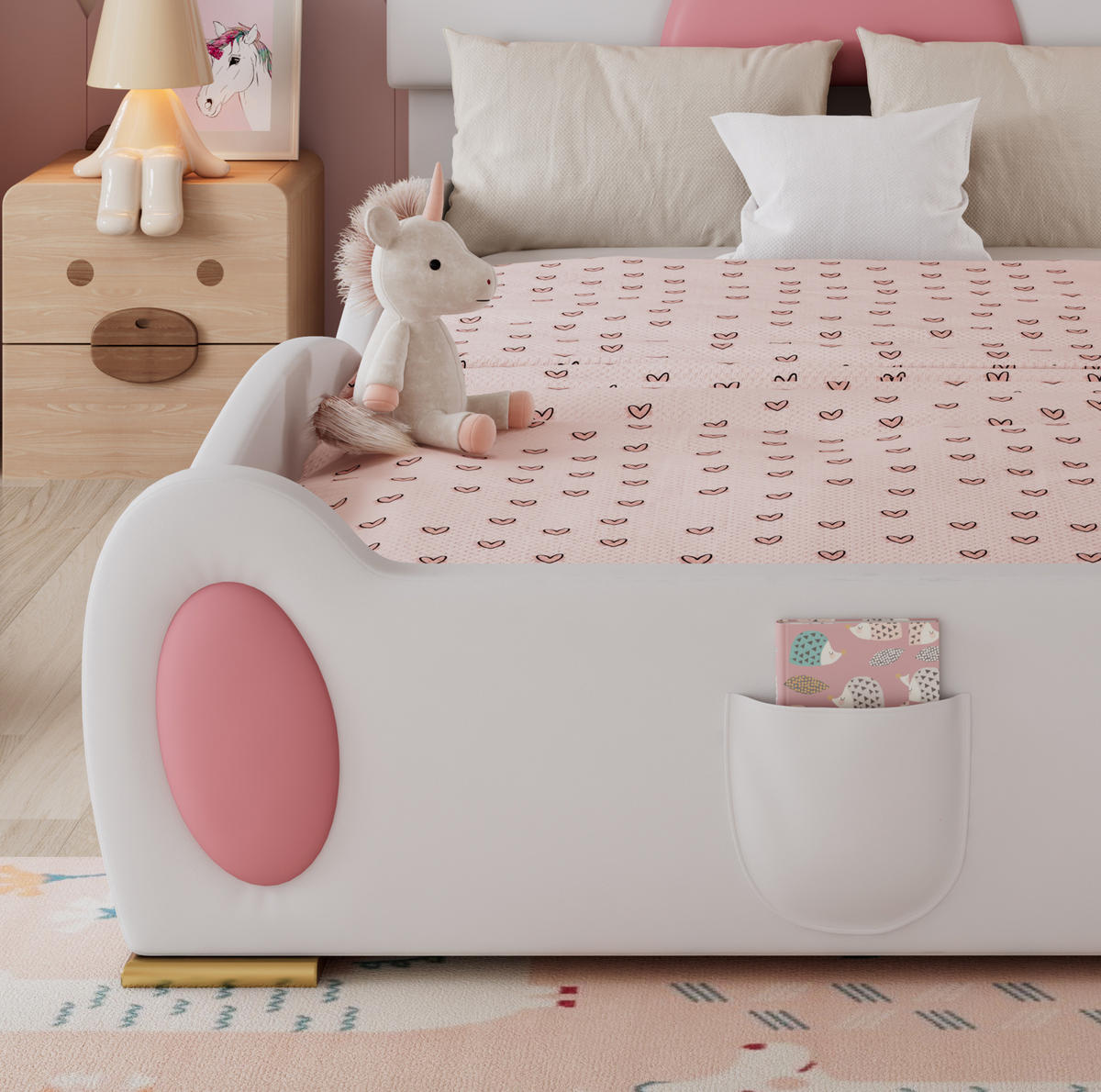 KINDERBETT 90/200 cm Weiß/Rosa aus PU mit Rutsche und Leiter - Pink, Kunststoff (90/200cm) - OKMYHOME