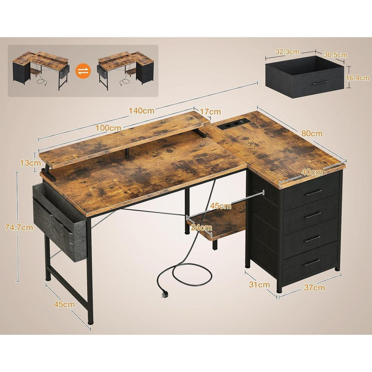 SCHREIBTISCH L Form 140 x 80 cm Braun mit Monitorablage und USB - Braun, Holzwerkstoff (140/80/84.7cm)