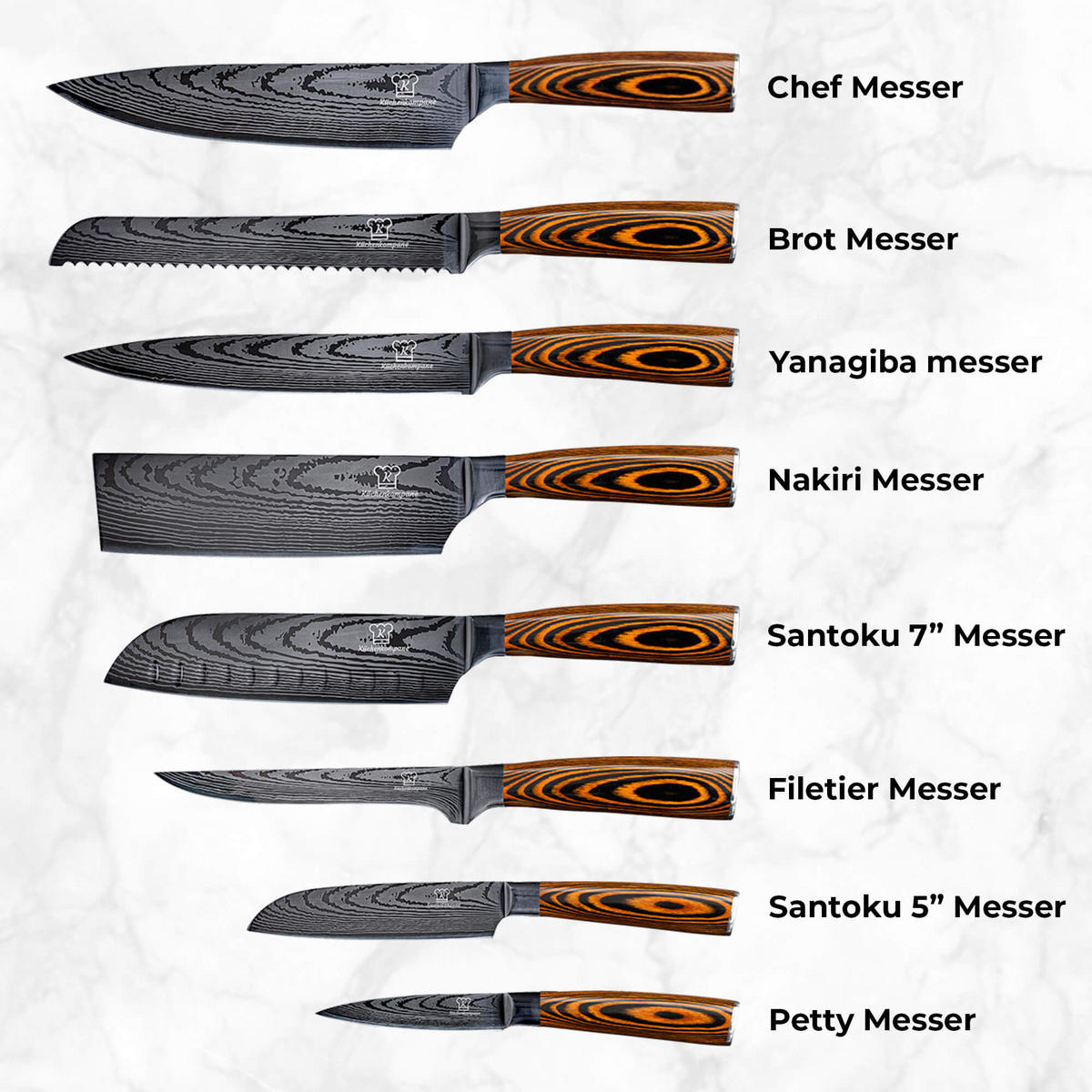 MESSER-SET 8-tlg. mit Edelstahlklingen und ergonomischen Pakkaholz-Griffen - Braun, Holz/Metall - Küchenkompane