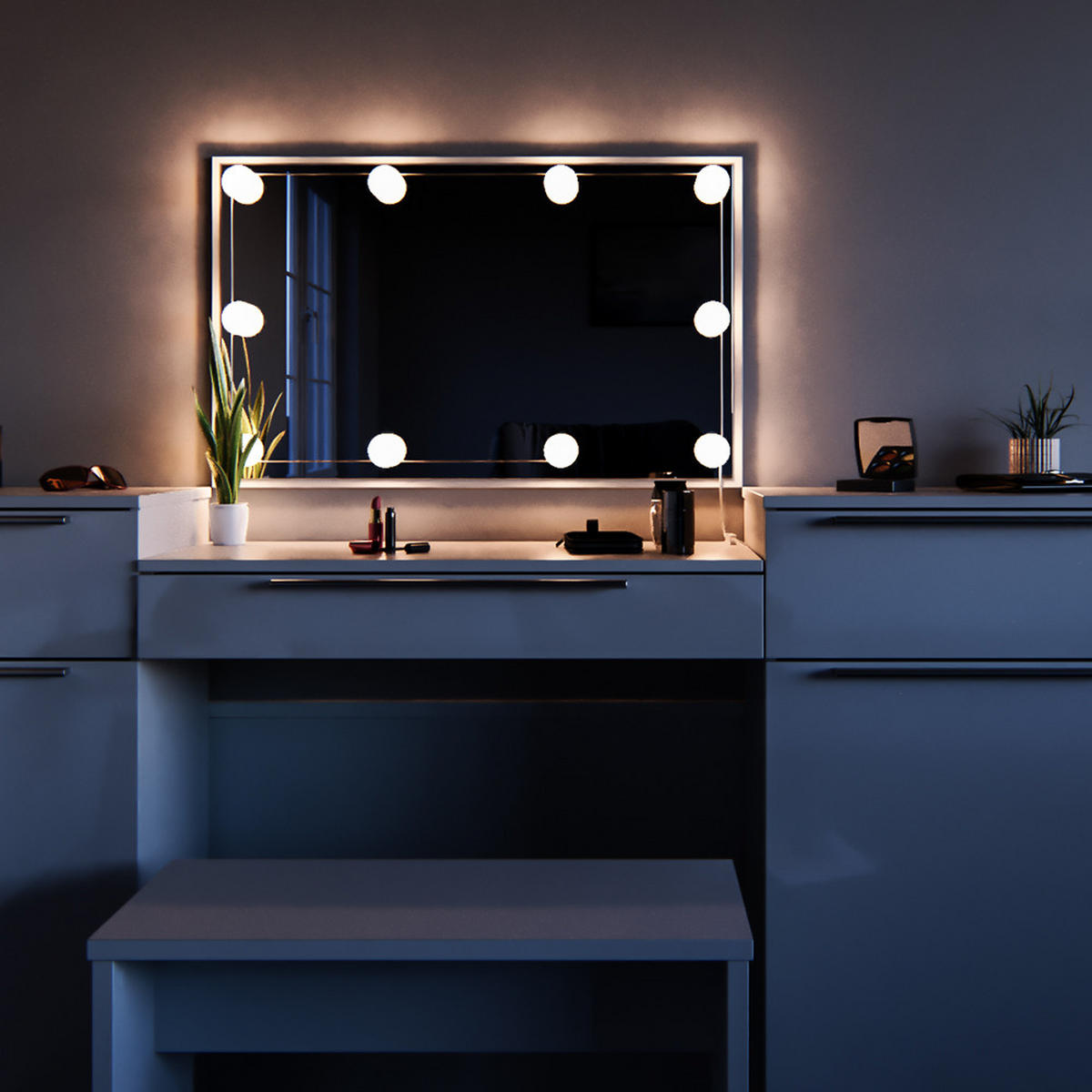 SCHMINKTISCH Lilli Weiß 190 cm mit LED Beleuchtung und Bank - Weiß, Holzwerkstoff (190/90/39cm) - Vicco