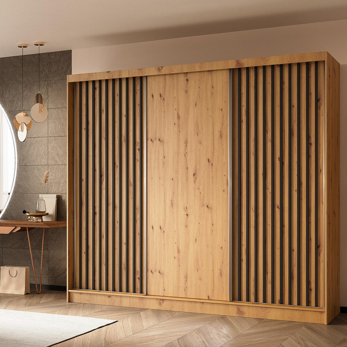 SCHWEBETÜRENSCHRANK LAMELLO 240/216/61 cm 3-türig Eiche Artisan - Eiche Artisan, Holzwerkstoff (240/216/61cm) - MASSENO