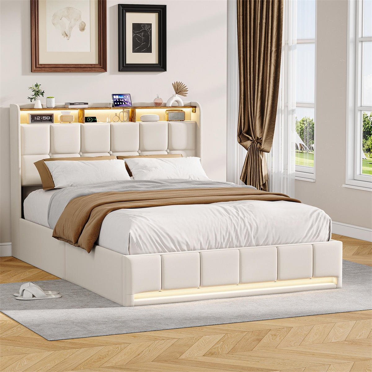 POLSTERBETT 140x200 cm mit LED-Beleuchtung und hydraulischem Stauraum - ohne Matratze - Beige - Beige, Textil (140/200cm) - DELFA