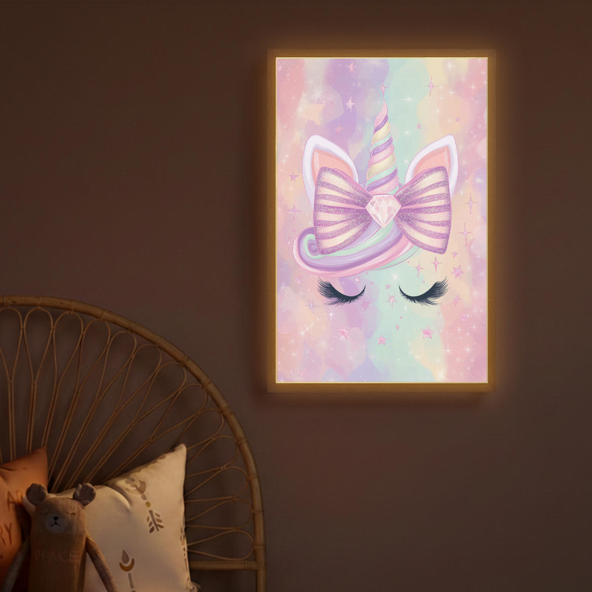 DOBÍJECÍ NOČNÍ LAMPIČKA Jednorožec - Třpytky - Duha - Pastelové barvy 40x60 cm - světle růžová, kompozitní dřevo (8/40/60cm) - OnlyWow