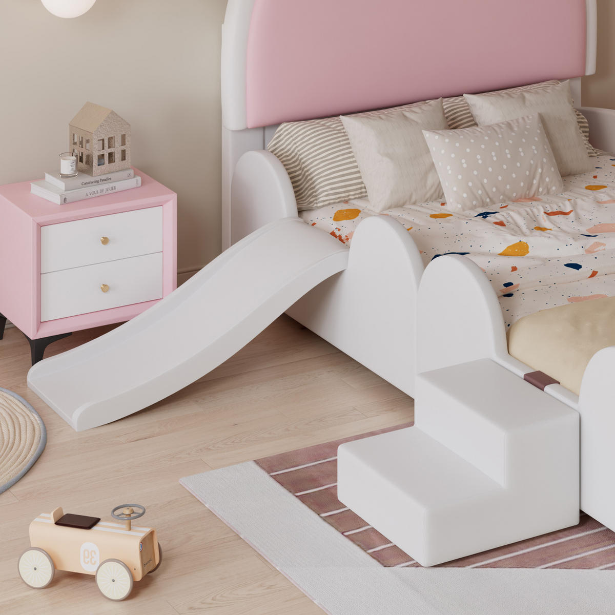 KINDER Polsterbett 90x200 mit Hasen-Design, Rutsche/Treppe, Einzelbett aus Kunstleder, weich, austauschbare Seiten, Spielbett, weiß-rosa - Rosa, Kunststoff (90/200cm)
