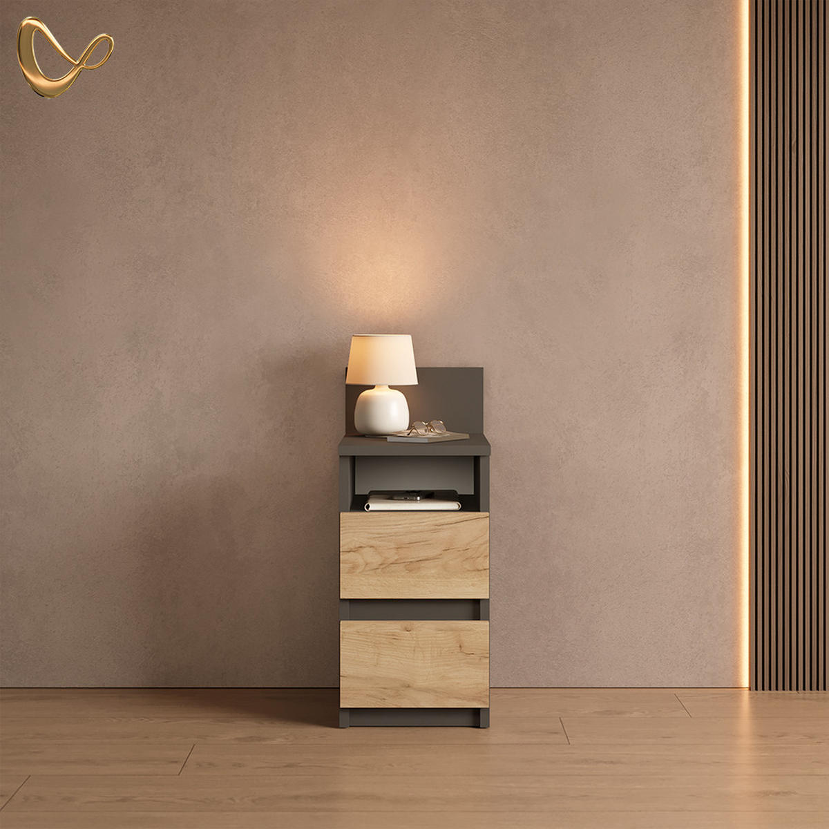NACHTTISCH Roya, Anthrazit/Goldkraft Eiche, 25 x 59.1 cm mit 2 Schubladen - Honigeiche/Anthrazit, Holzwerkstoff (25/59.1/32.3cm) - Livinity®