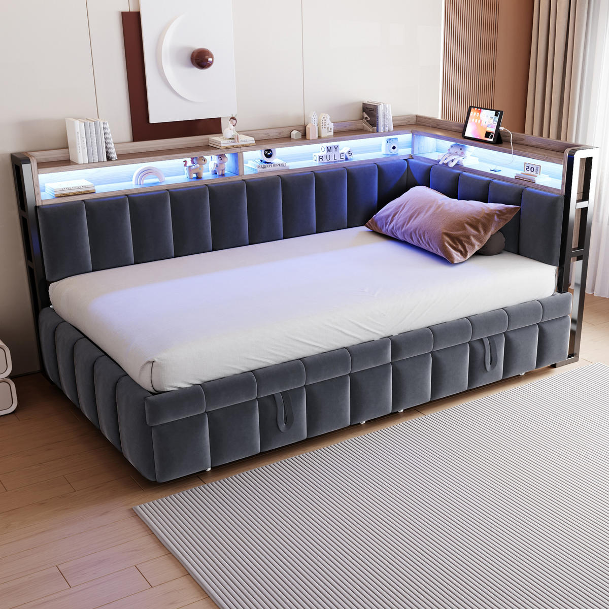 AUSZIEHBETT 90/200 cm ausziehbar mit LED und USB, DE-41717, in Dunkelgrau - Grau, Metall (90/200cm) - ComfortXL