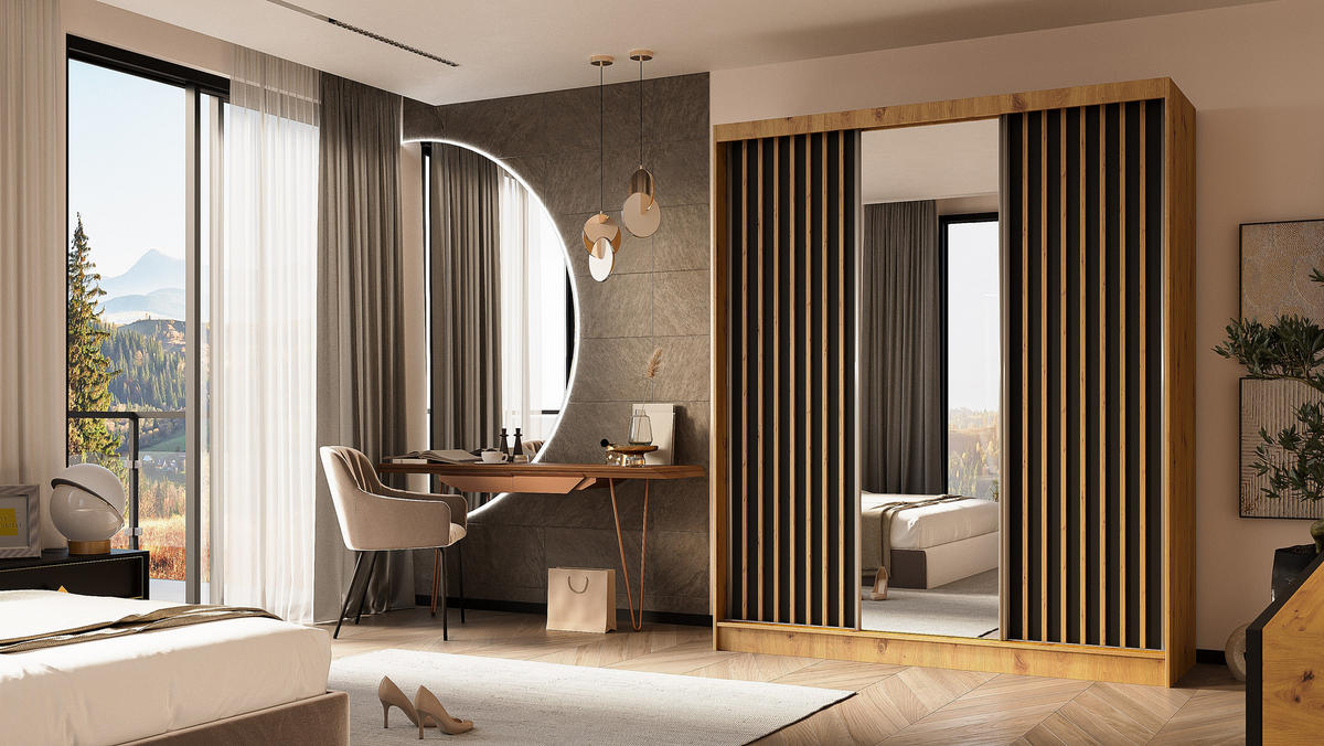 KLEIDERSCHRANK mit Spiegel-Schiebetüren und Aluminium-Leisten - LAMELO - 180 cm Artisan+Schwarz+Artisan - Braun, Holzwerkstoff (180/216/61cm) - ALTDECOR