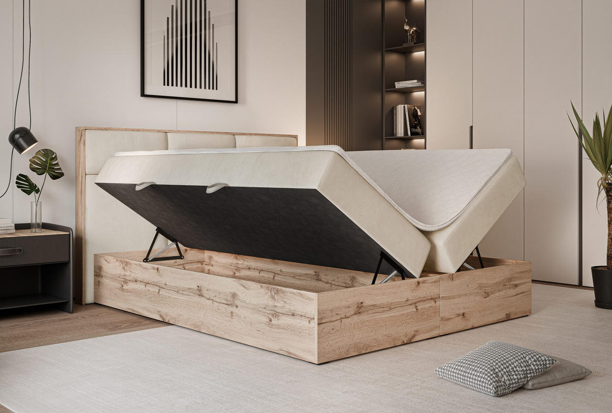 BOXBETT LAVIO 160/200 cm, in Hellbeige, mit Matratze und Topper - Sandfarben, Holzwerkstoff/Textil (160/200cm) - Idohome