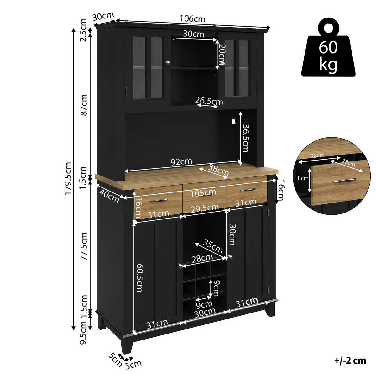 KÜCHENBUFFET 106/40/179,5 cm schwarz aus MDF mit LED - Schwarz, Holzwerkstoff (106/179.5/40cm) - OKWISH