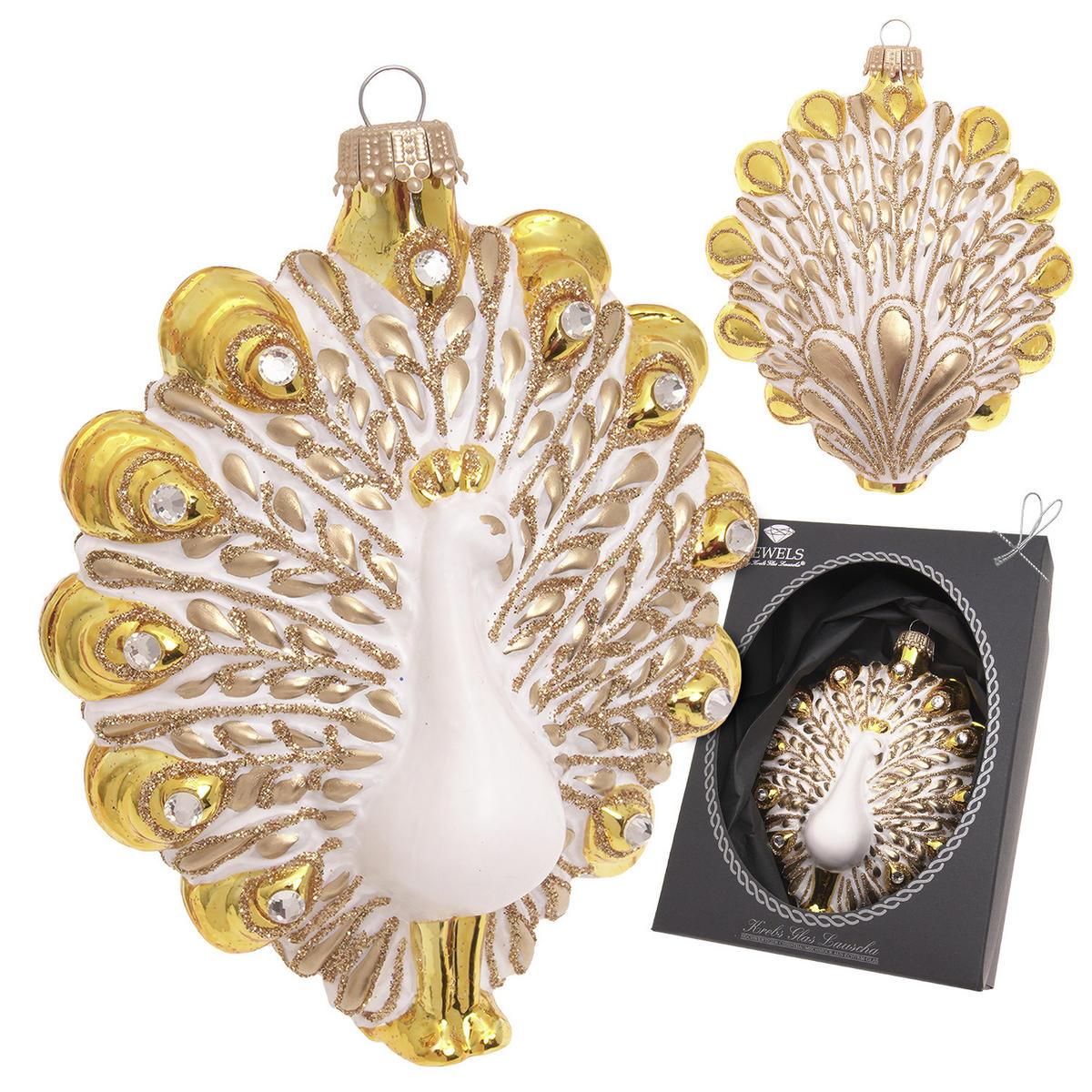 CHRISTBAUMSCHMUCK Pfau mit Strasssteinen Weiß 13cm (Glas / 1 Stk.) - Weiß, Glas (9/13/5cm) - Krebs Glas Lauscha