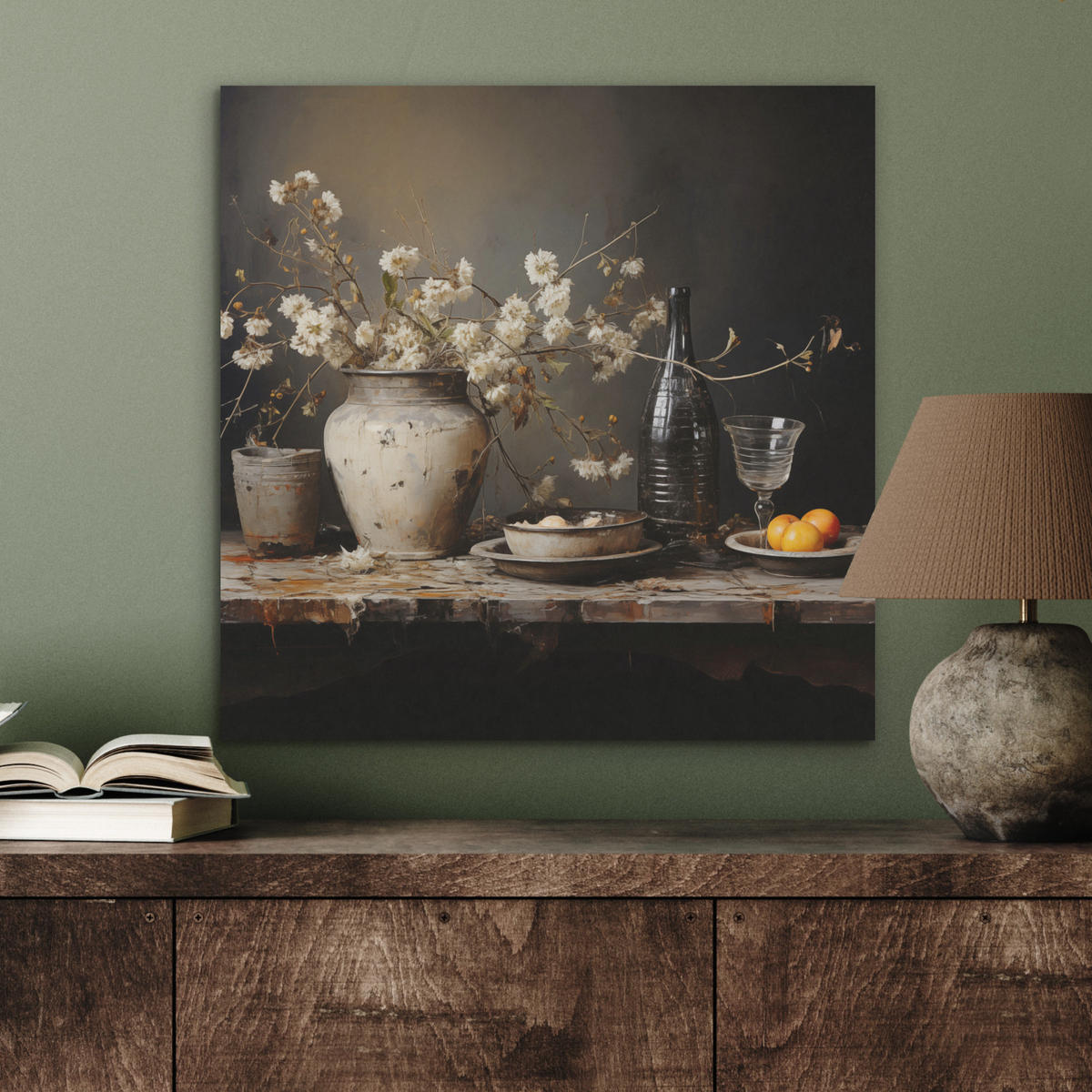 AKUSTICKÝ OBRAZ Zátišie - Kvety - Kytica - Váza - Víno 60x60 cm - čierna, plast (60/60/0.9cm) - MuchoWow