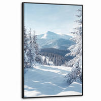 LEINWAND Bilder mit Rahmen - Winterlandschaft - Natur - Berge - Bäume - Schnee - 100x150 - Hellblau, Textil (100/150cm) - MuchoWow