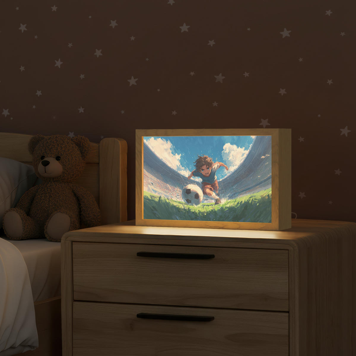 NACHTTISCHLAMPE Stadion - Fußballer - Ball 30x20 cm - Blau, Holzwerkstoff (8/30/20cm)