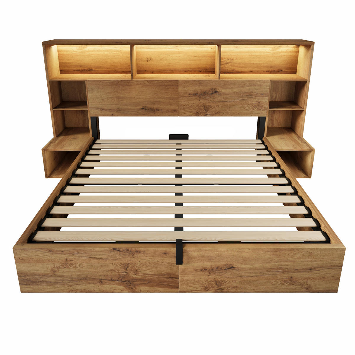 POLSTERBETT 160/200 cm Eiche mit integrierten Nachttischen, LED und USB-C, Ohne Matratze - Eichefarben, Holz (160/200cm) - Oxeza