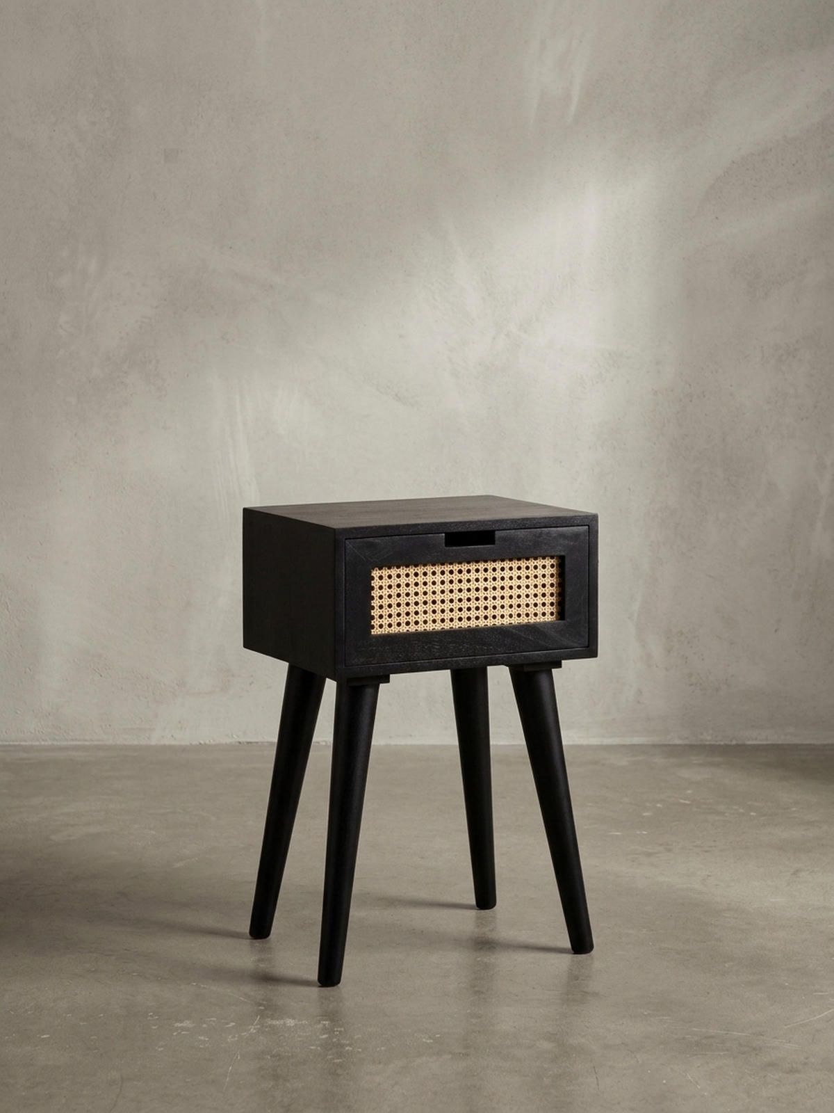 NACHTTISCH – Mango Massivholz/Rattan, 40x60x30 cm, Schwarz, 1 Schublade, Wiener Geflecht - Schwarz, Holz (40/60/30cm) - KADIMA DESIGN