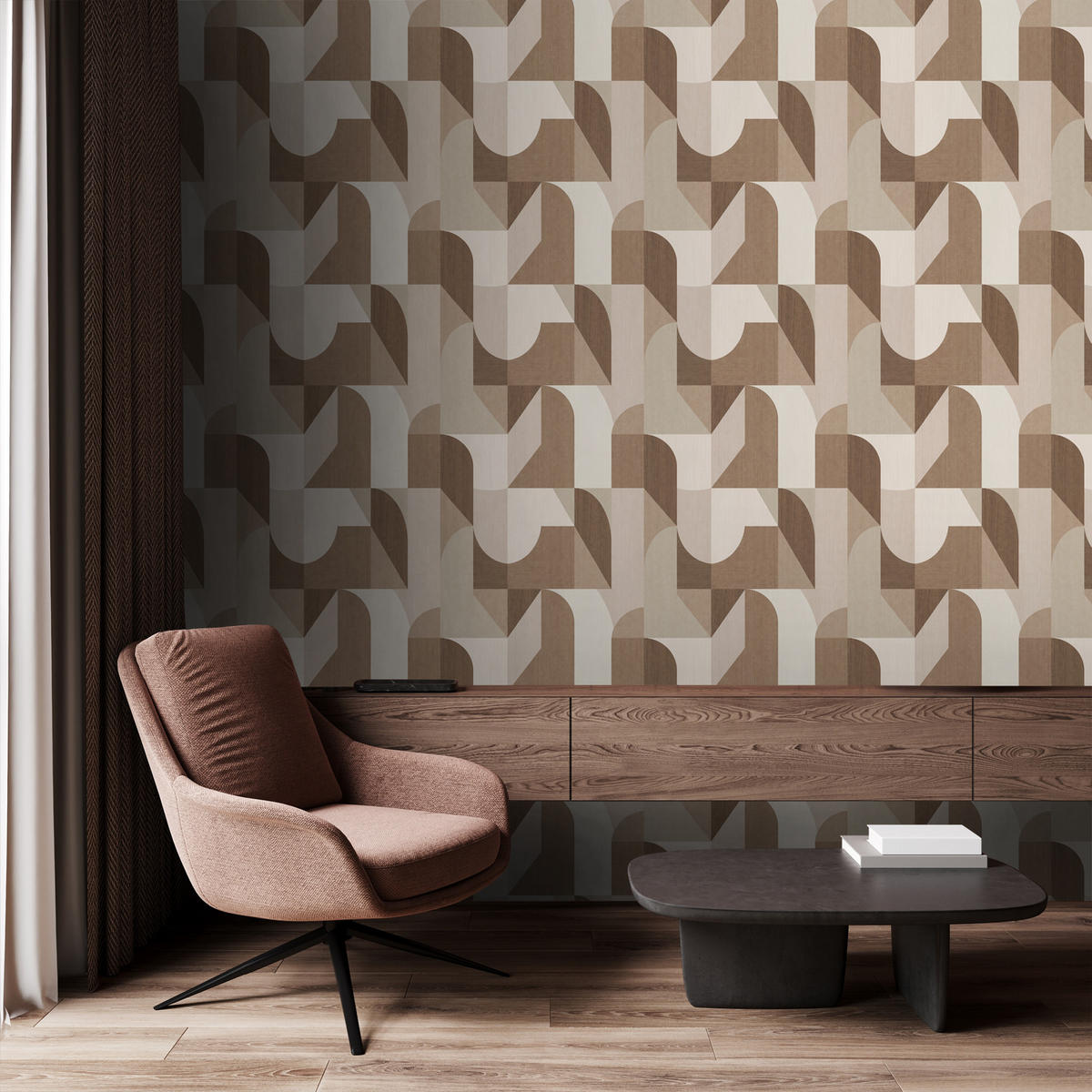 TAPETE Kreise im Bauhaus-Stil 50 x 900 cm - Braun, Papier (50/900cm) - Origin Wallcoverings