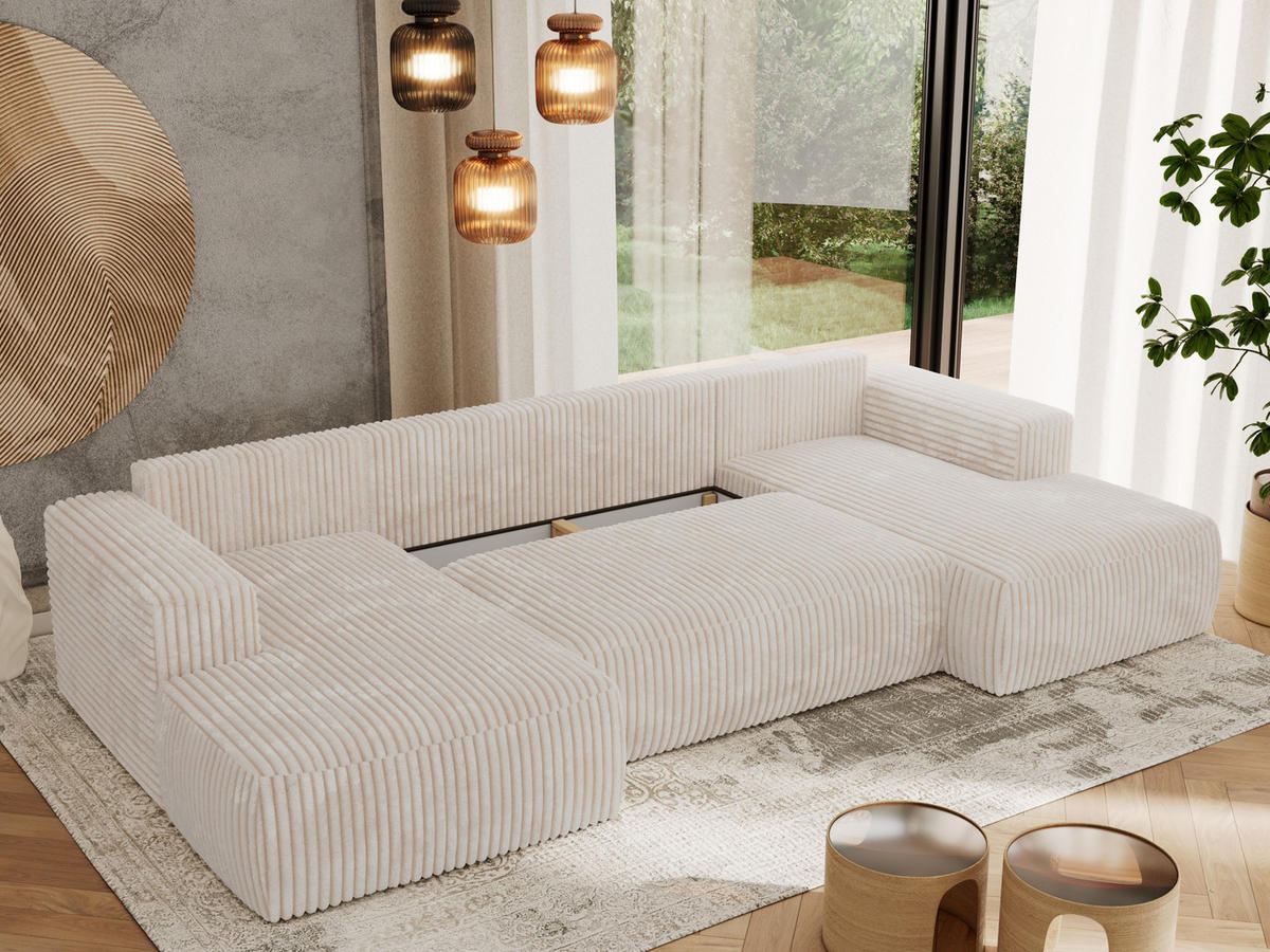 WOHNLANDSCHAFT TRENTINO U Beige Cord - Beige, Textil (334/91/163cm) - MKS